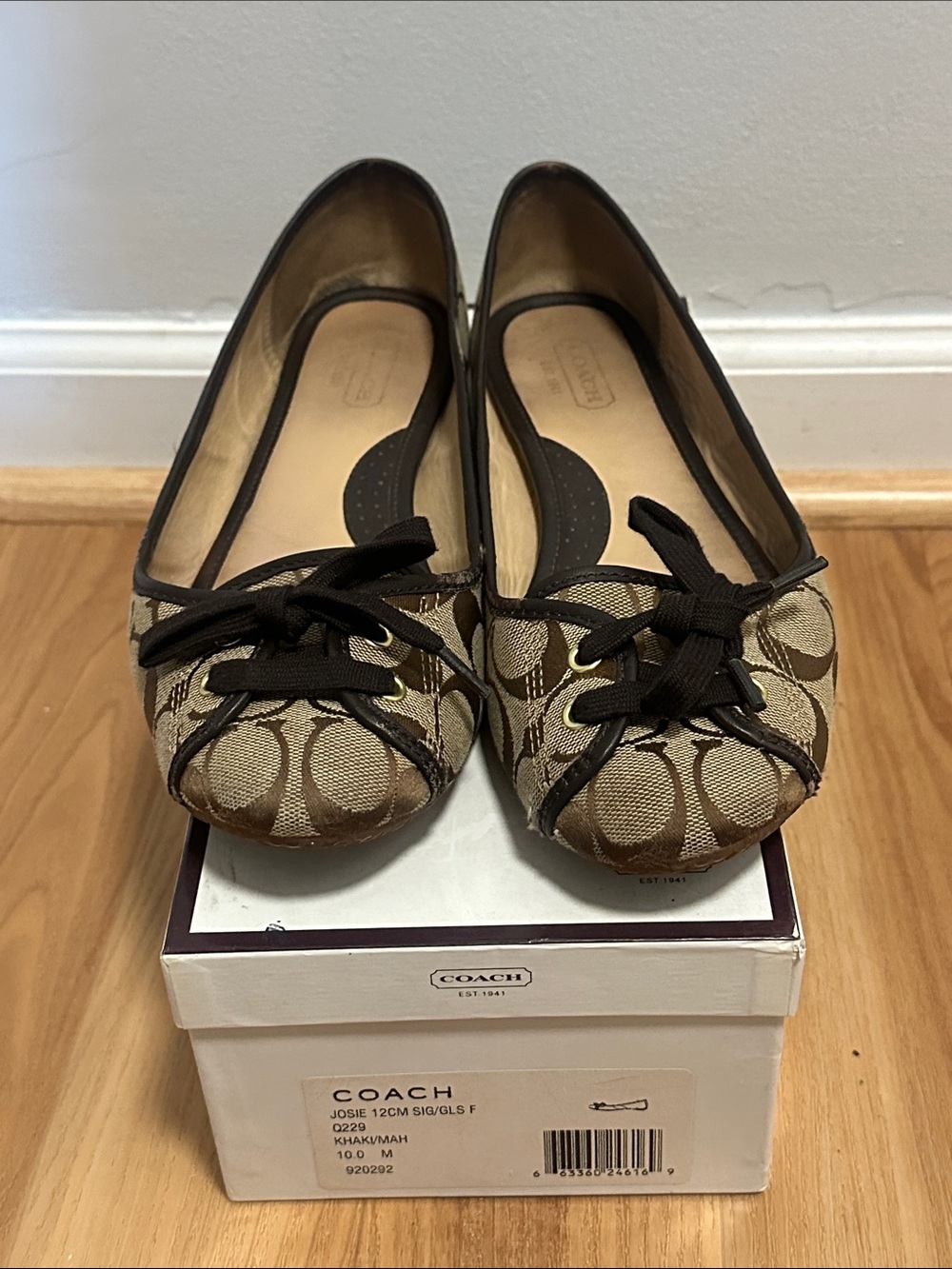 Coach Signature Canvas Ballet Flats in Khaki and Brown with Bow